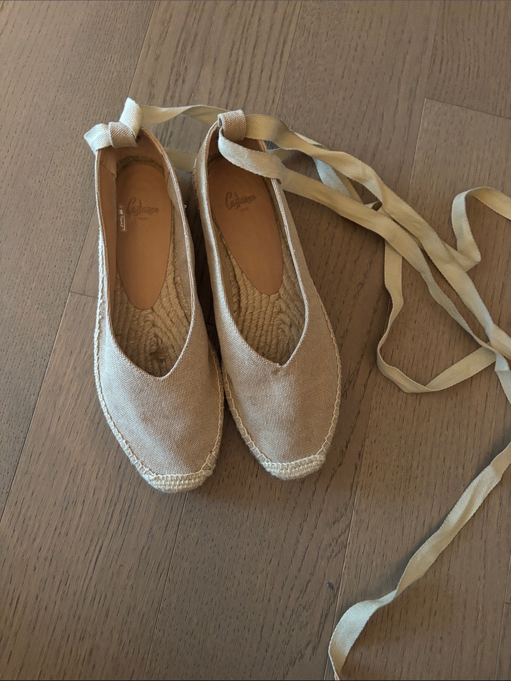 Castaner Natural Beige Canvas Espadrille Flats with Wrap Ties - Picture 2 of 2